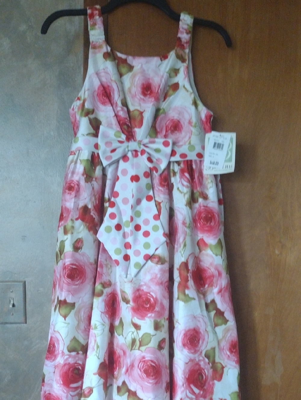 Bonnie Jean Pink Rose Print Bow-Front Party Dress Sz14